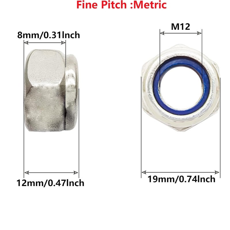 DGZ 5Pcs M12 x 1.5mm Metric Fine Thread Nylon Insert Lock Nuts, 304 Stainless Steel Non-Slip Self-Locking Nut, Silver - Image 2
